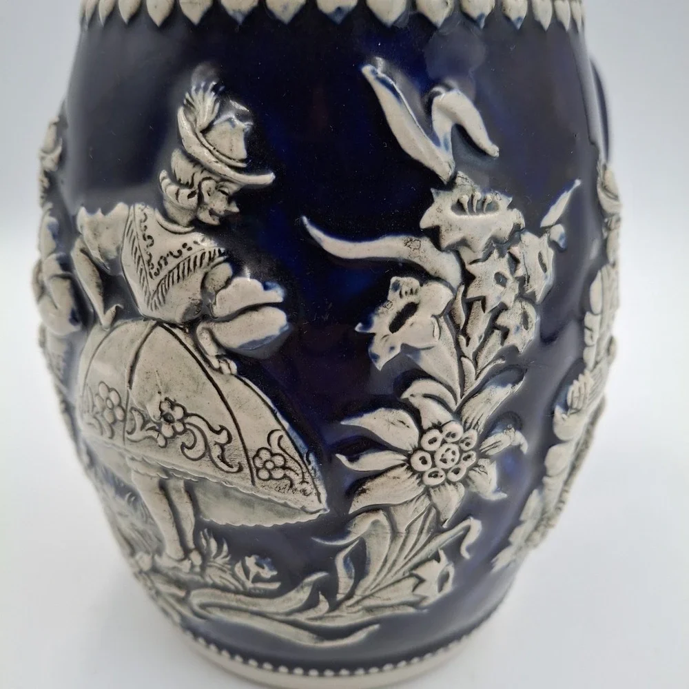 Vintage Western Germany Beer Stein Mug Blue Glaze 3613 Accordion Dancer Edelweis
